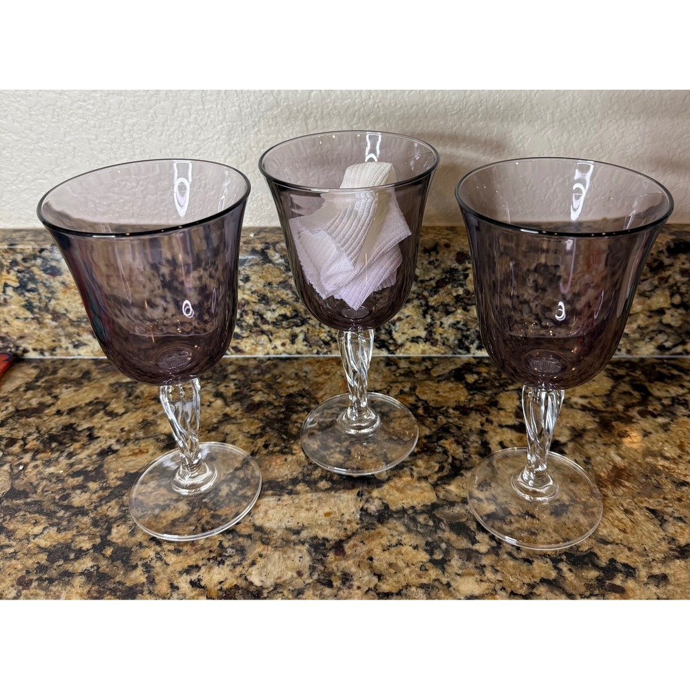 Cristal D Arques Amethyst Causal Settings 3 Wine Water Goblets Twisted Stem‎